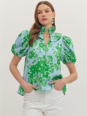 Entro Eyelet Puff-Sleeve Top